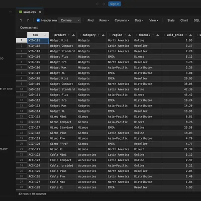 A CSV file open in the grid editor inside VS Code
