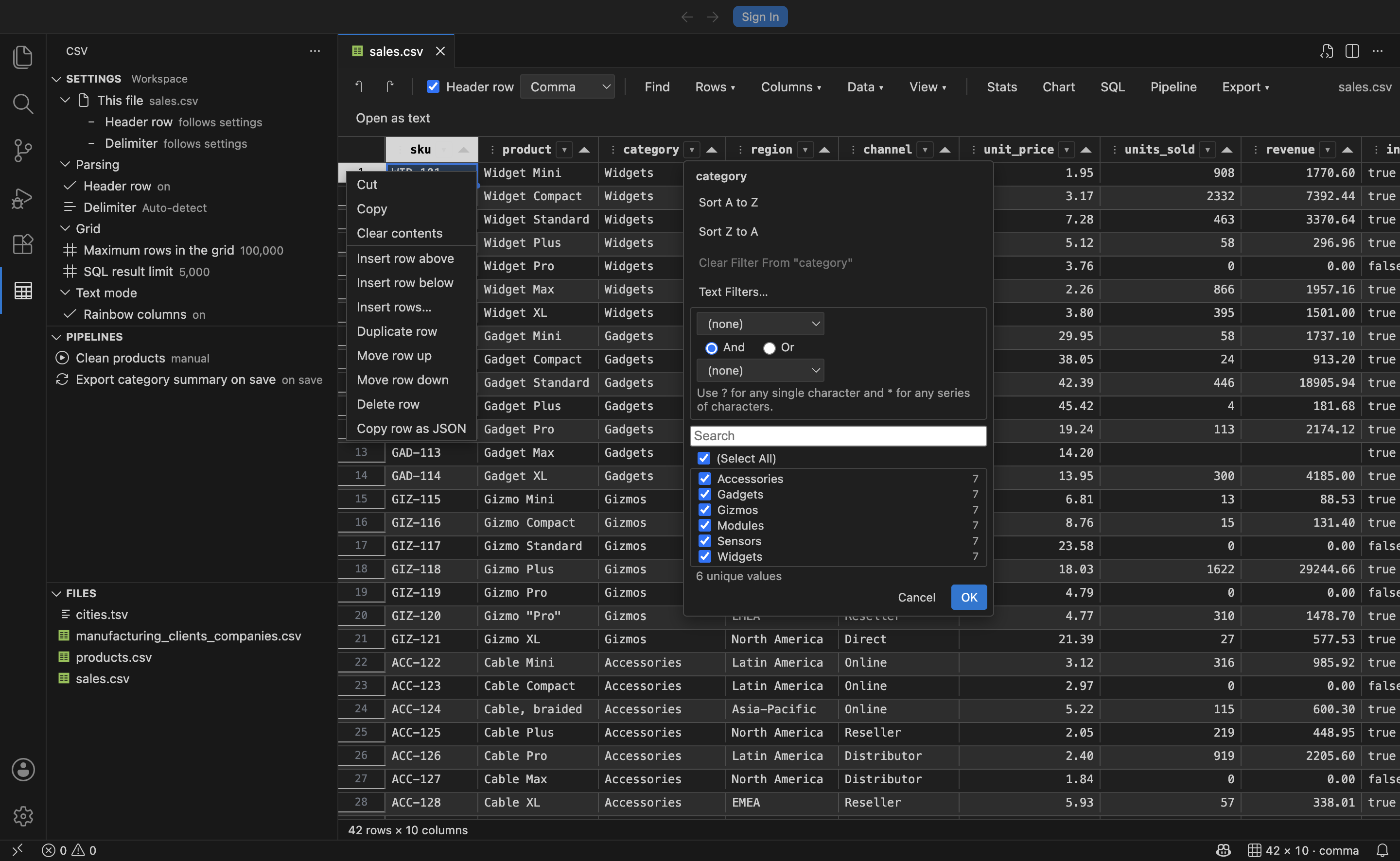 The AutoFilter dropdown open on a column, showing a searchable value list with counts