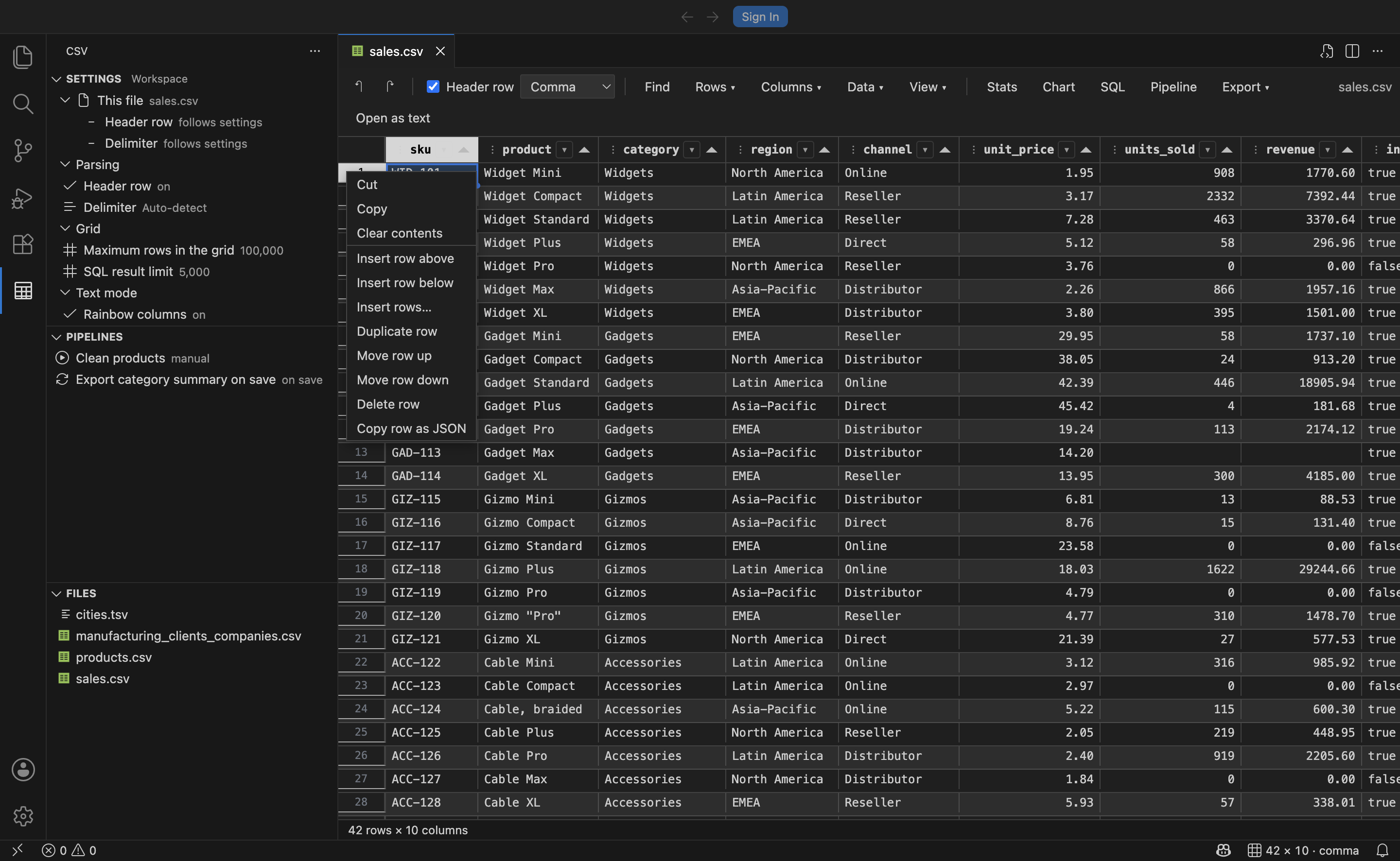 The right-click menu on a cell, showing row and column operations