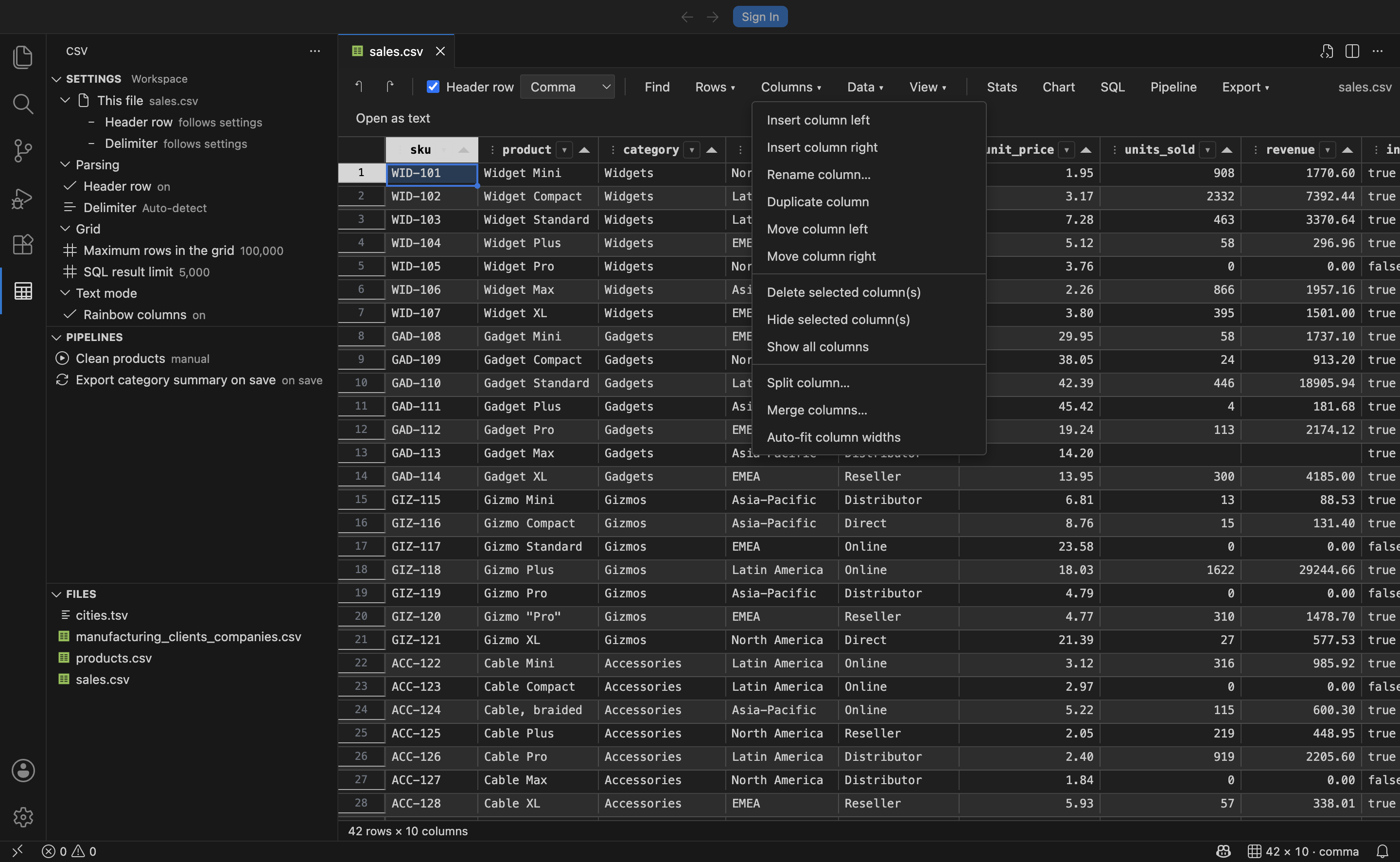 The column menu, showing insert, split, merge and hide operations