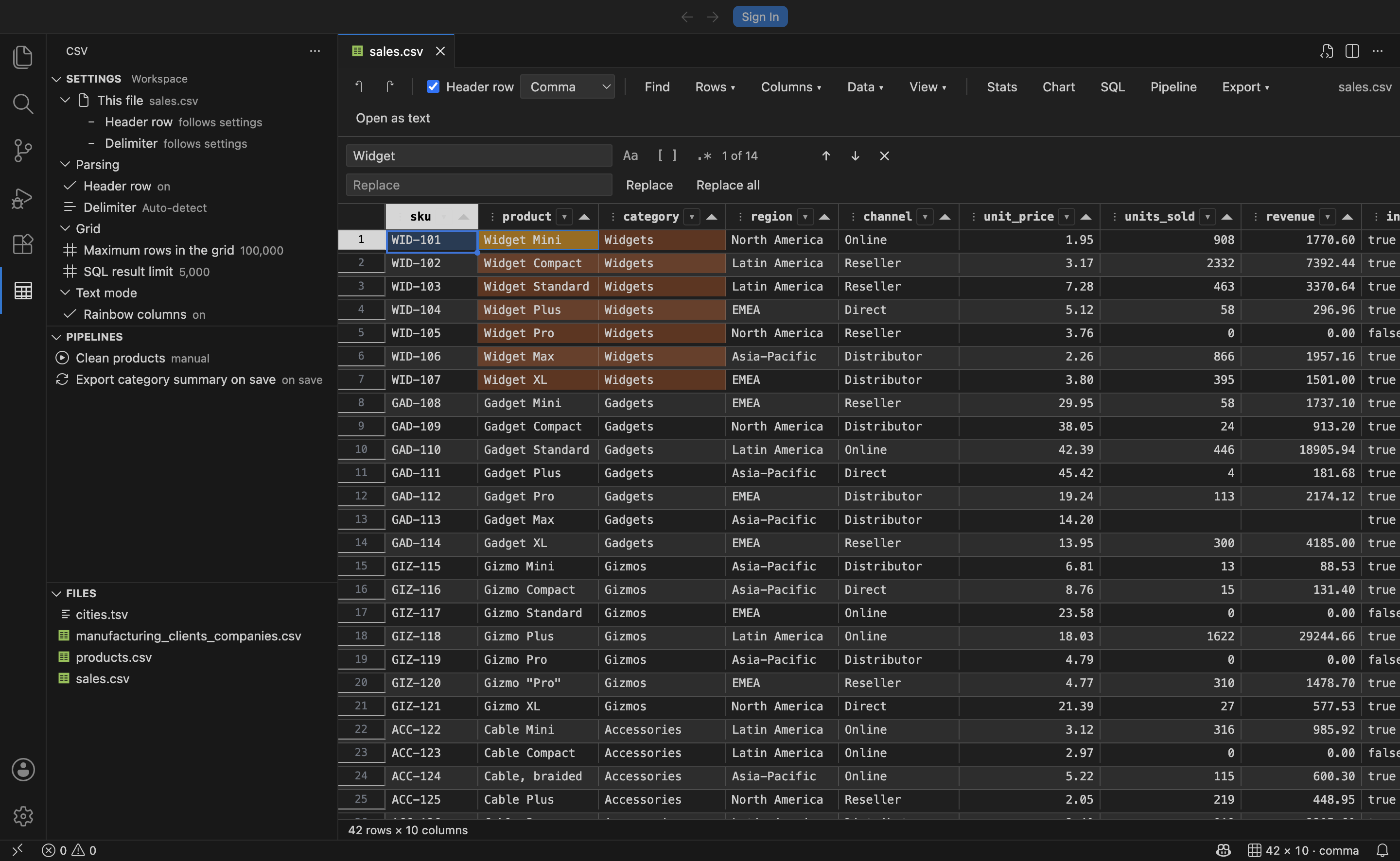 The find and replace bar over the grid with matches highlighted