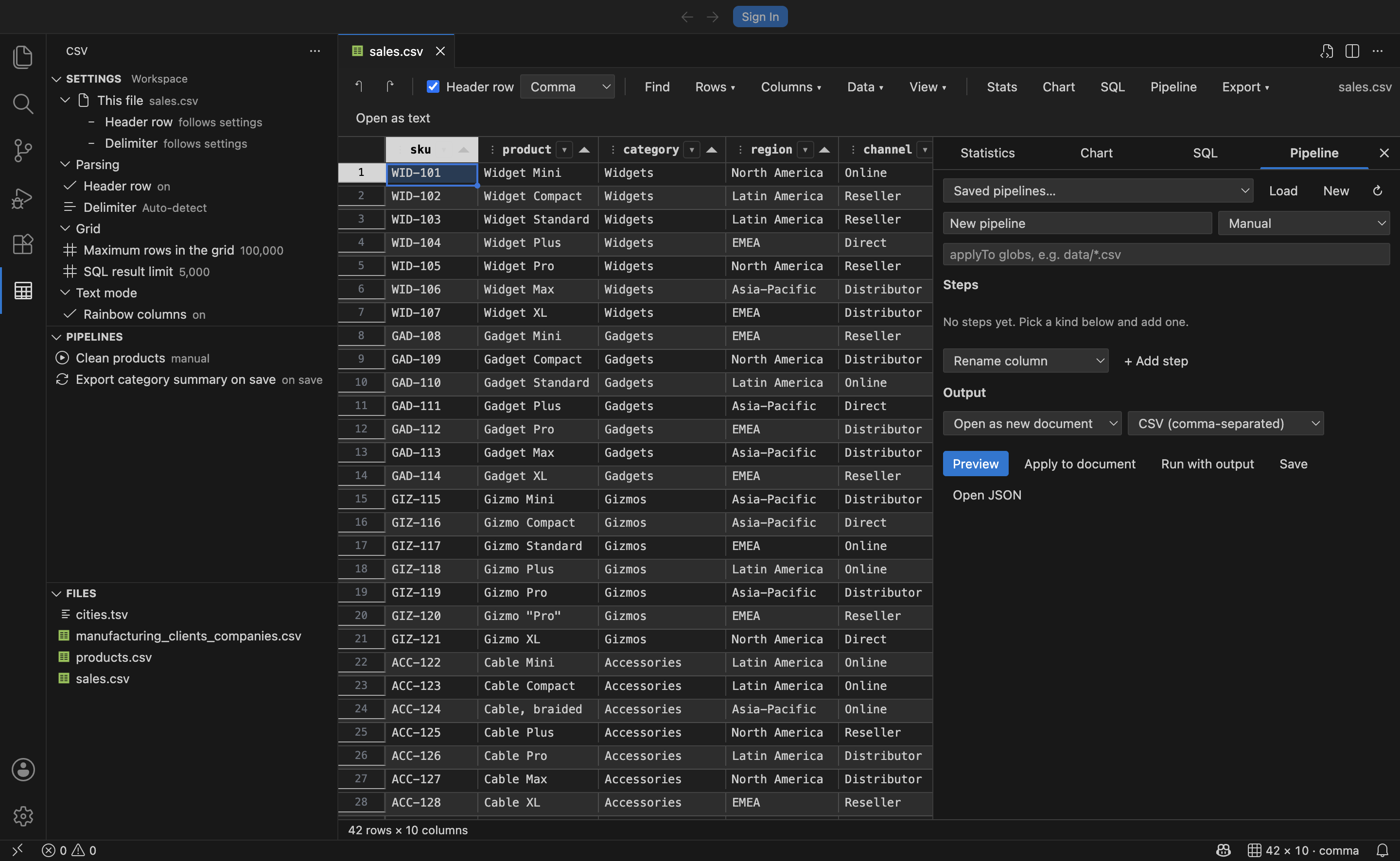 The pipeline builder panel with a list of steps and a live preview