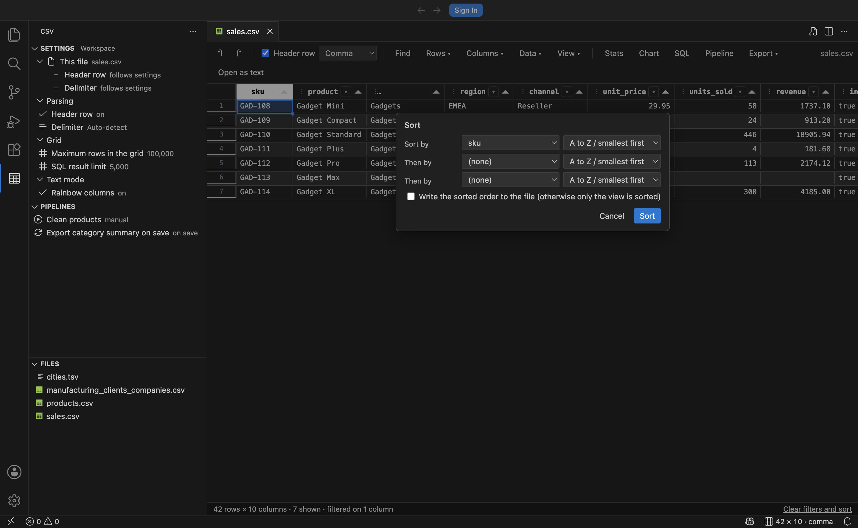 The sort dialog with three sort levels configured