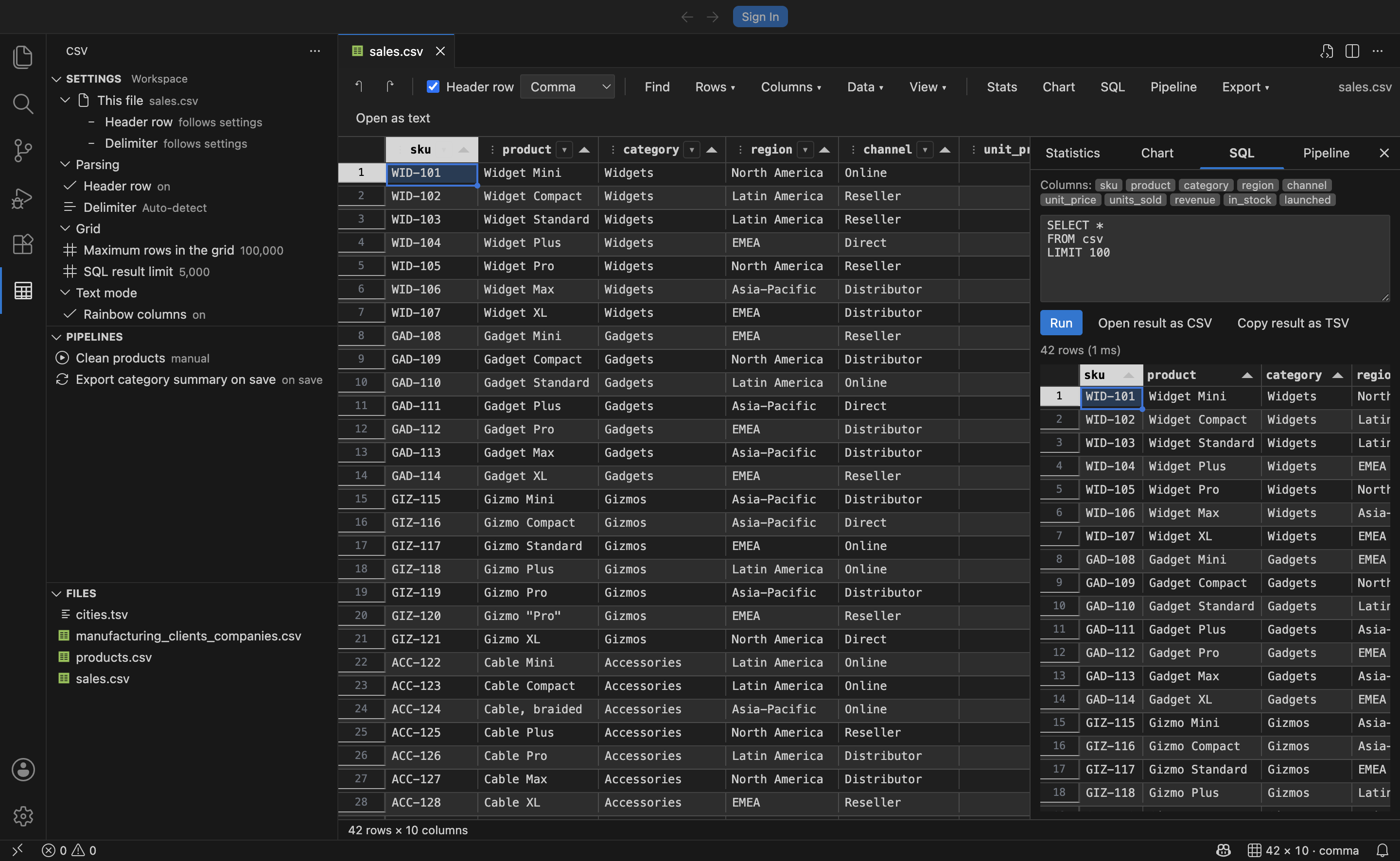 The SQL panel with a query and its result set